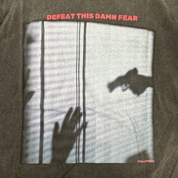 Vintage-Styled "Defeat This Damn Fear" Graphic Tee - Faded Black Streetwear, Ove - Picture 3 of 5